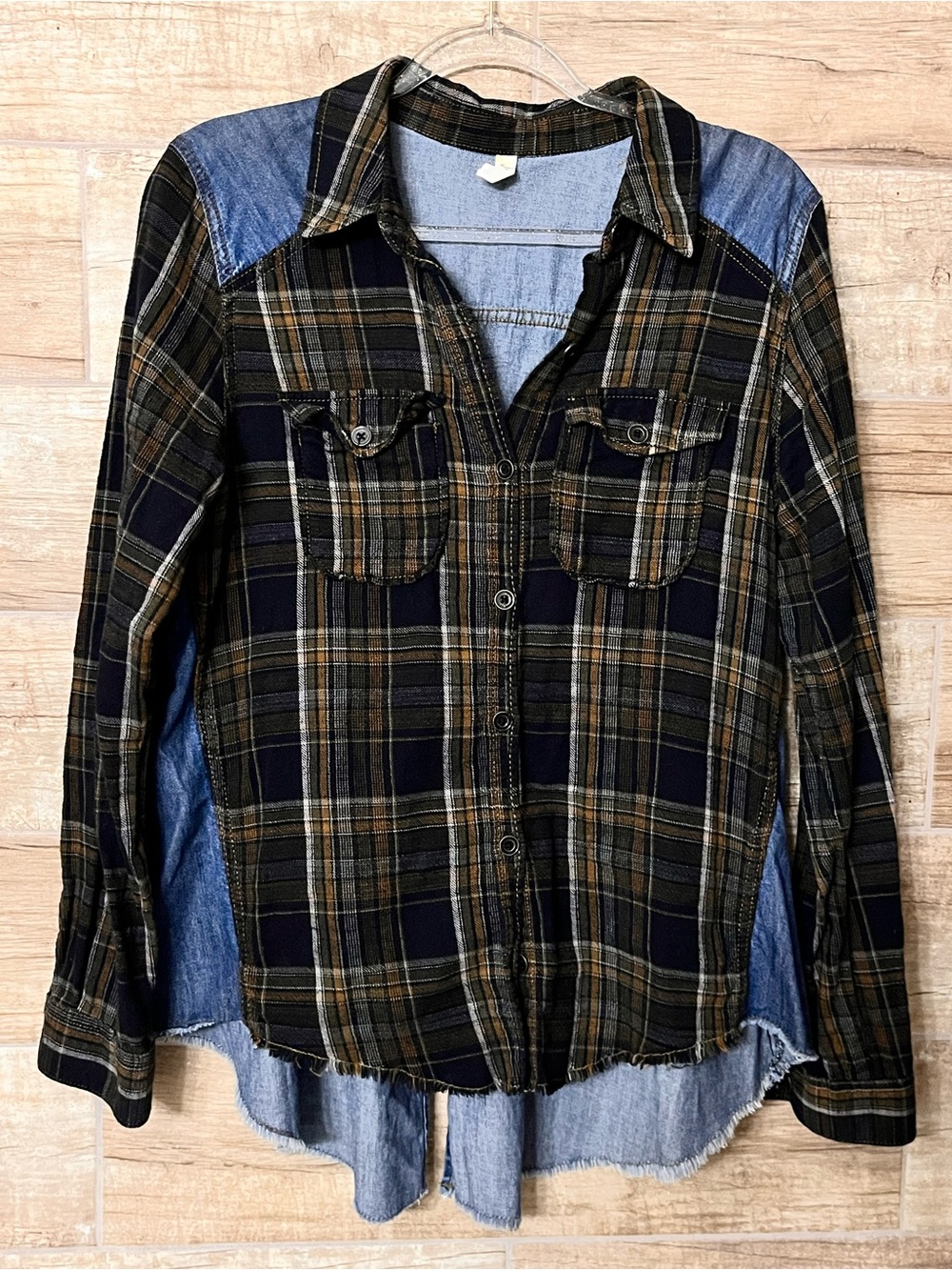Free People Olive Plaid Button-Front Shirt with Denim Back